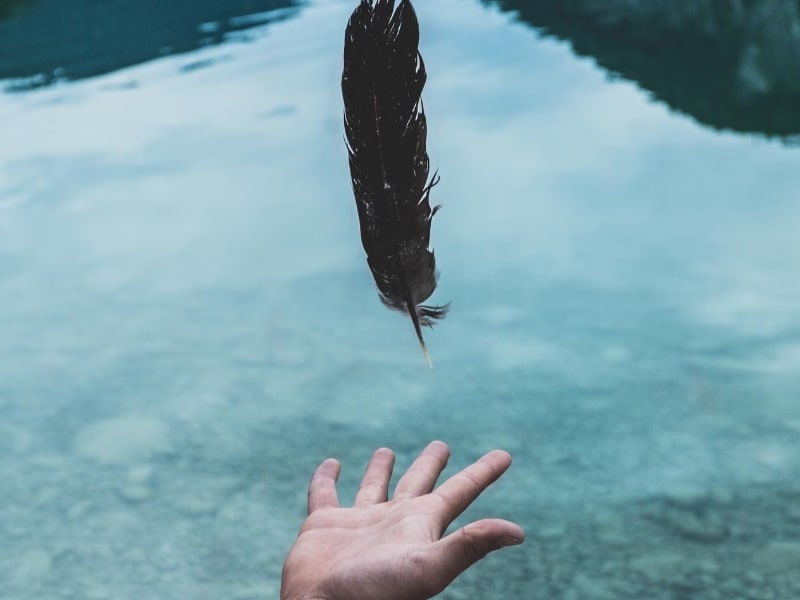 hand throwing feather in lake